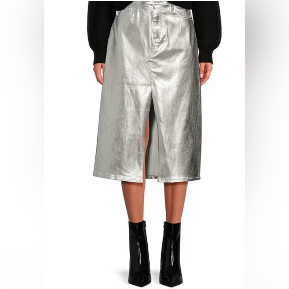 Every Metallic Coated Stretch Denim High Rise Front Split Hem Midi Pencil Skirt